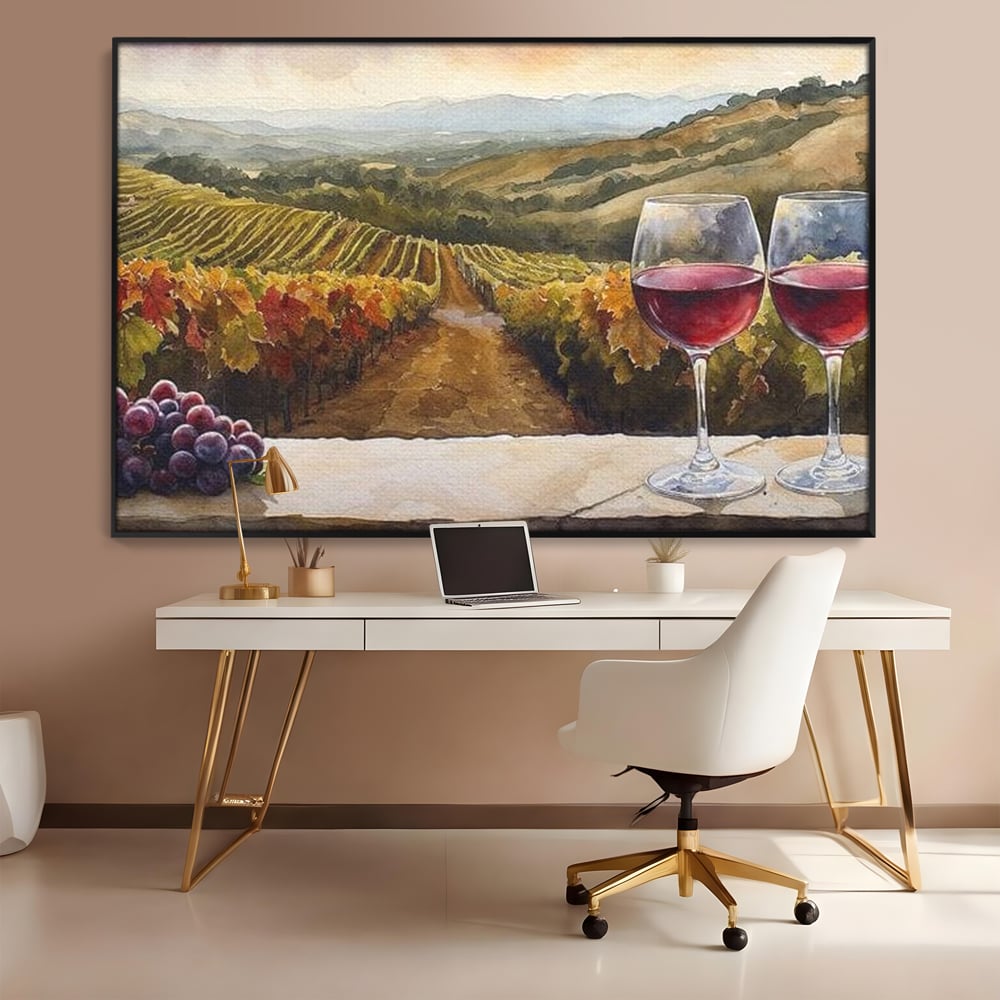 Tablou canvas cu tablou canvas cu peisaj viticol si pahare de vin, in rama de aluminiu negru, pe perete intr-un birou